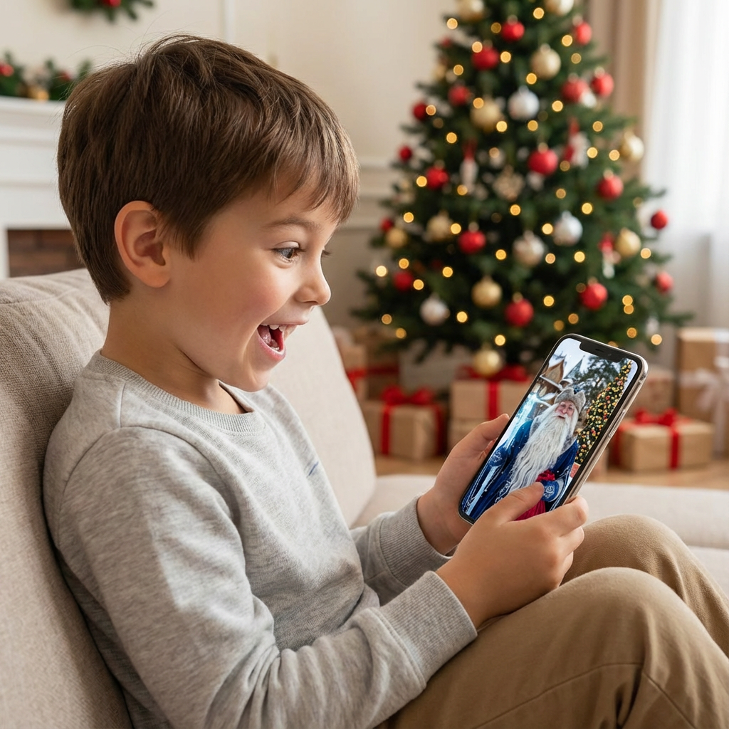 Мальчик смотрит видео от Деда Мороза